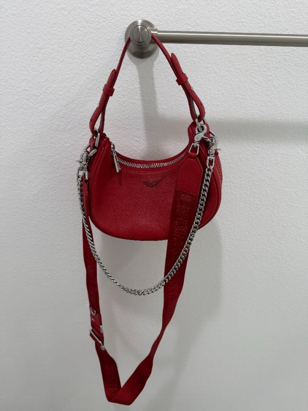 Zadig & Voltaire Luna Mini Hobo Bag Red Leather Silver Chain Crossbody